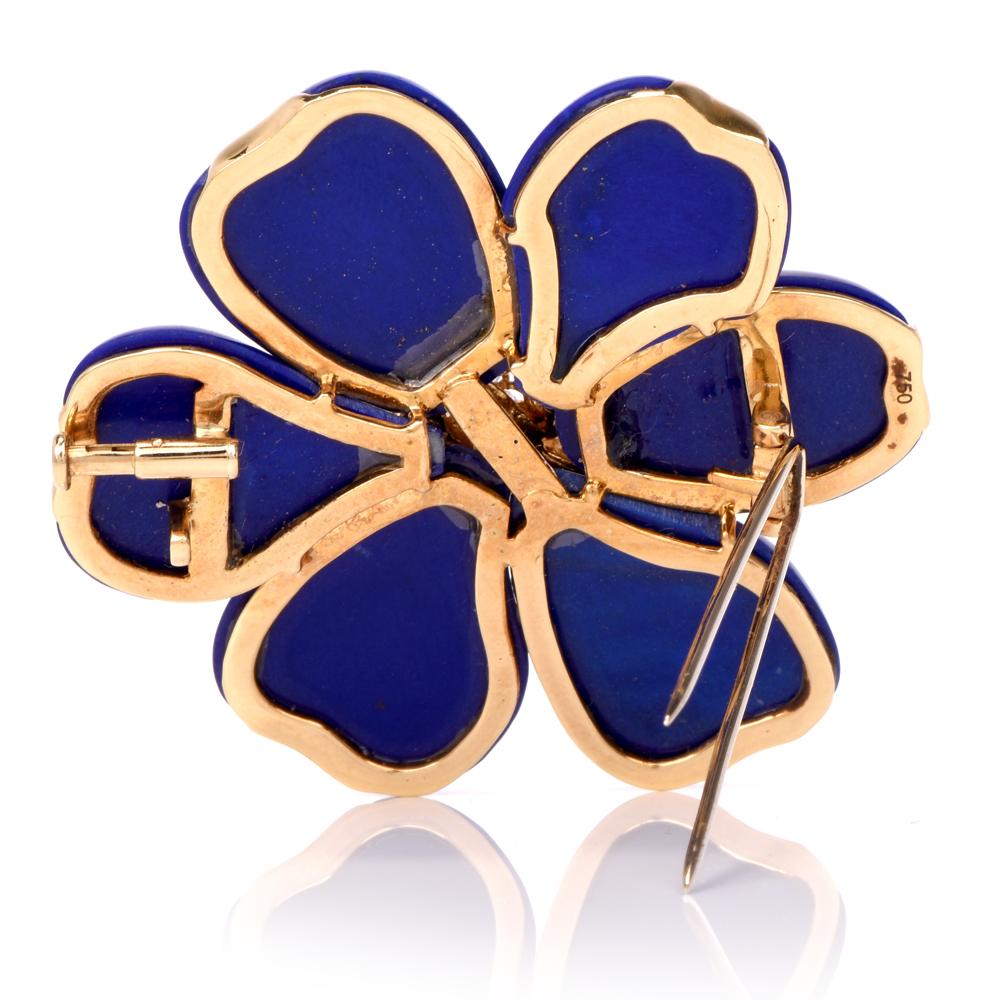 Women's Flower Lapis Lazuli Diamond 18 Karat Yellow Gold Pin Brooch