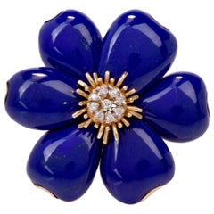 Vintage Flower Lapis Lazuli Diamond 18 Karat Yellow Gold Pin Brooch