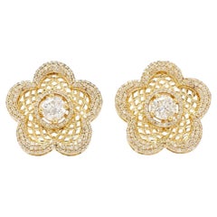 Boucles d'oreilles halo en or massif 14k (certifié) avec diamant naturel en treillis de fleurs