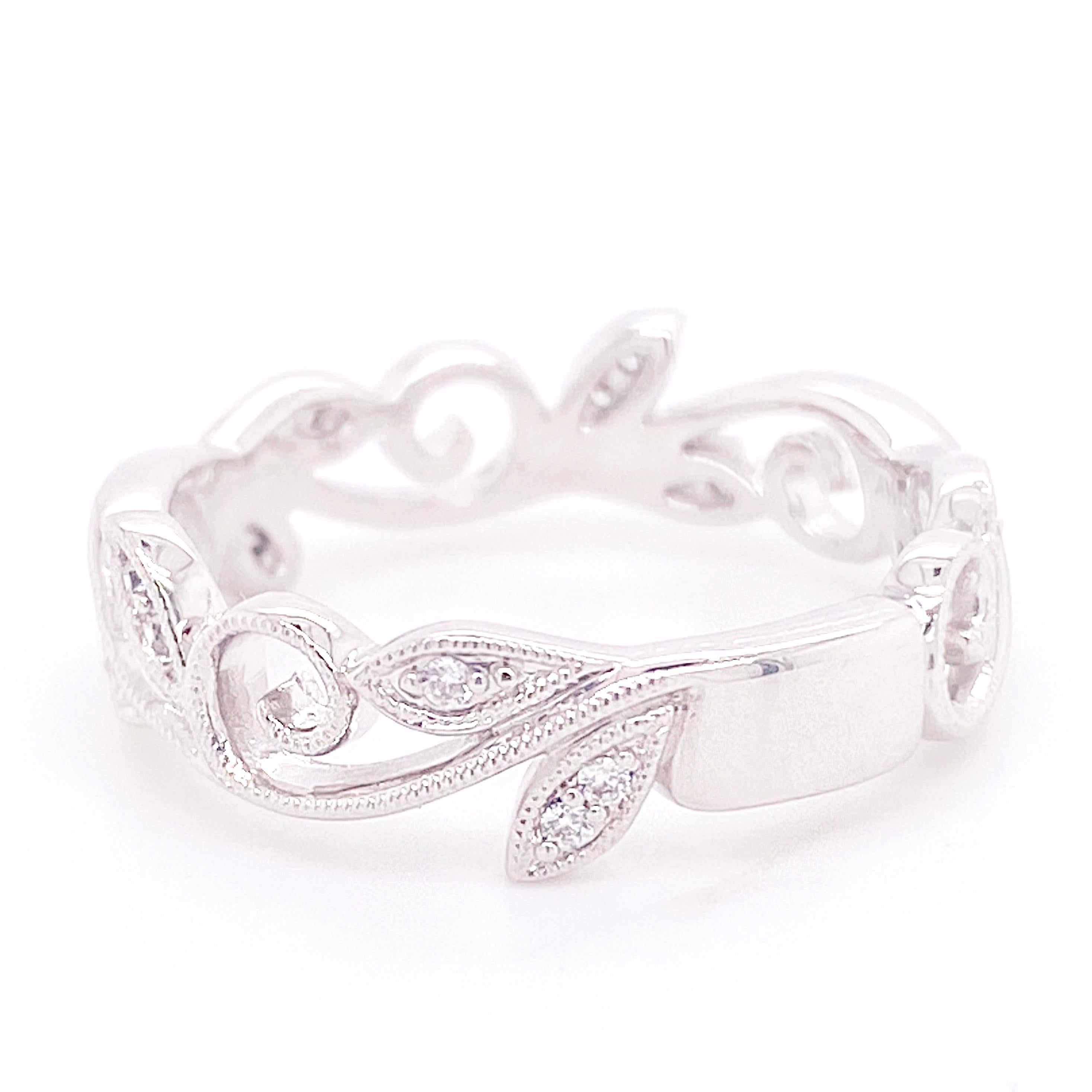 For Sale:  Flower Leaf Ring W Filigree Design W Diamonds & 14k White Gold, Ring is Sizable 2