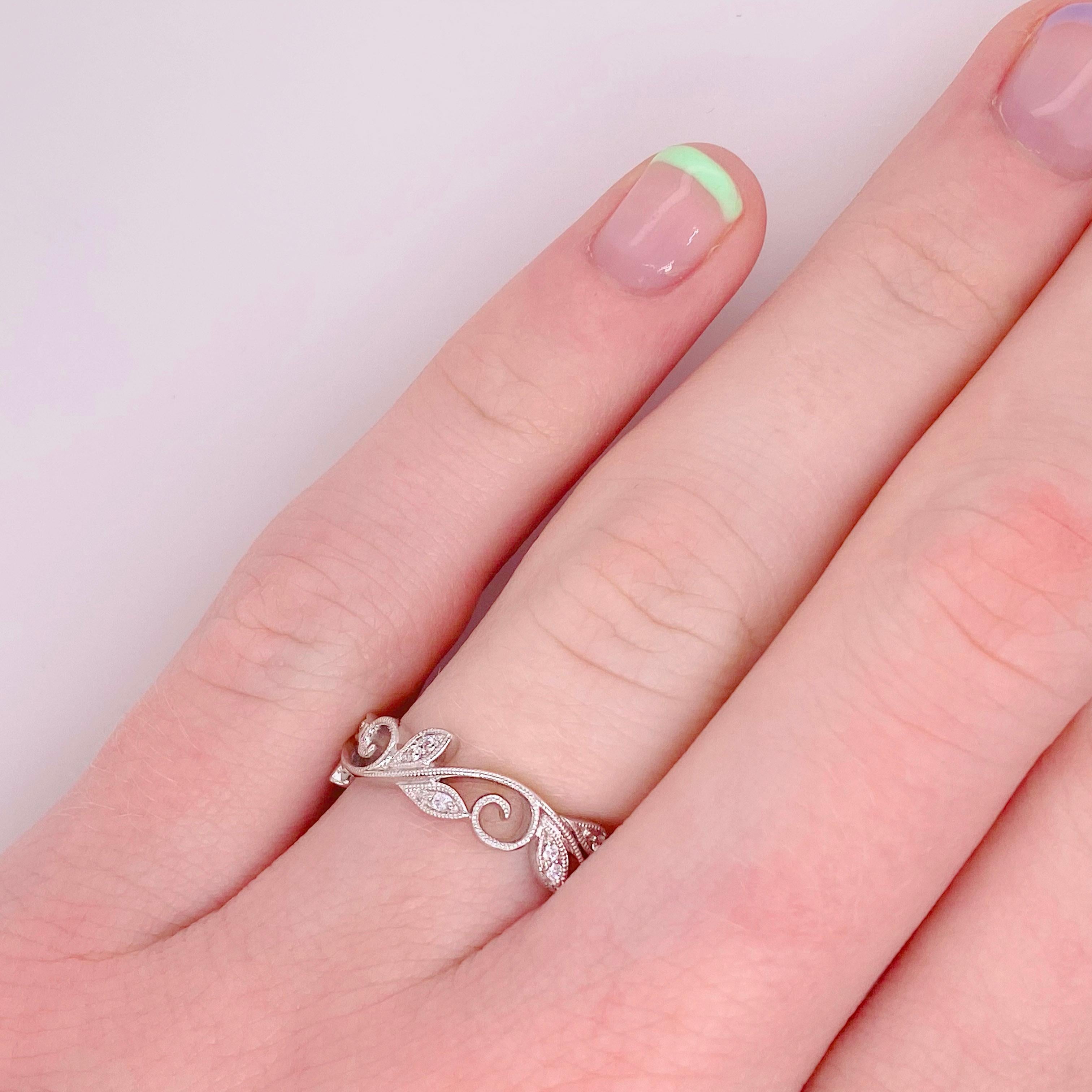 For Sale:  Flower Leaf Ring W Filigree Design W Diamonds & 14k White Gold, Ring is Sizable 4