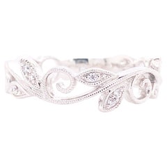 Flower Leaf Ring W Filigree Design W Diamonds & 14k White Gold, Ring is Sizable