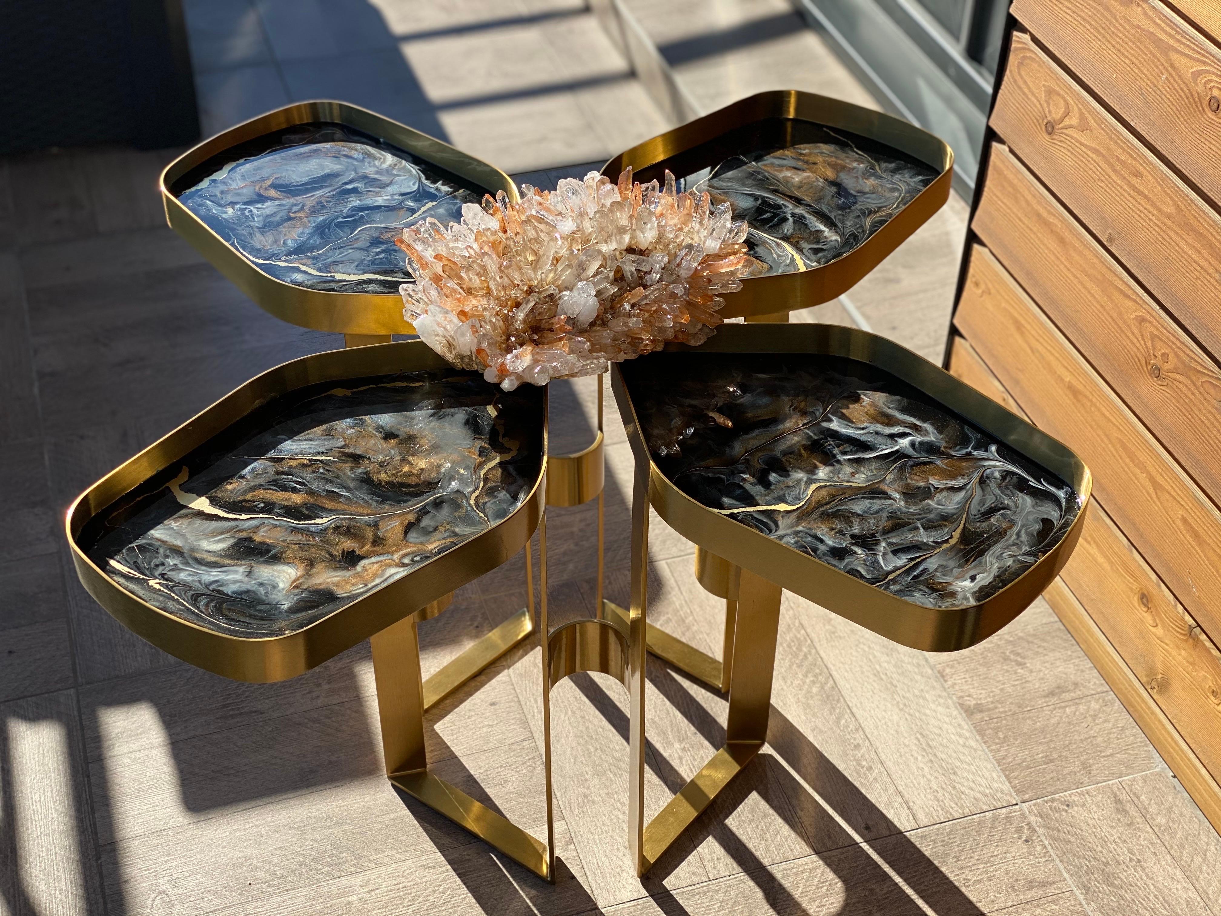 Stainless Steel Flower, Marble and geode inspired table For Sale
