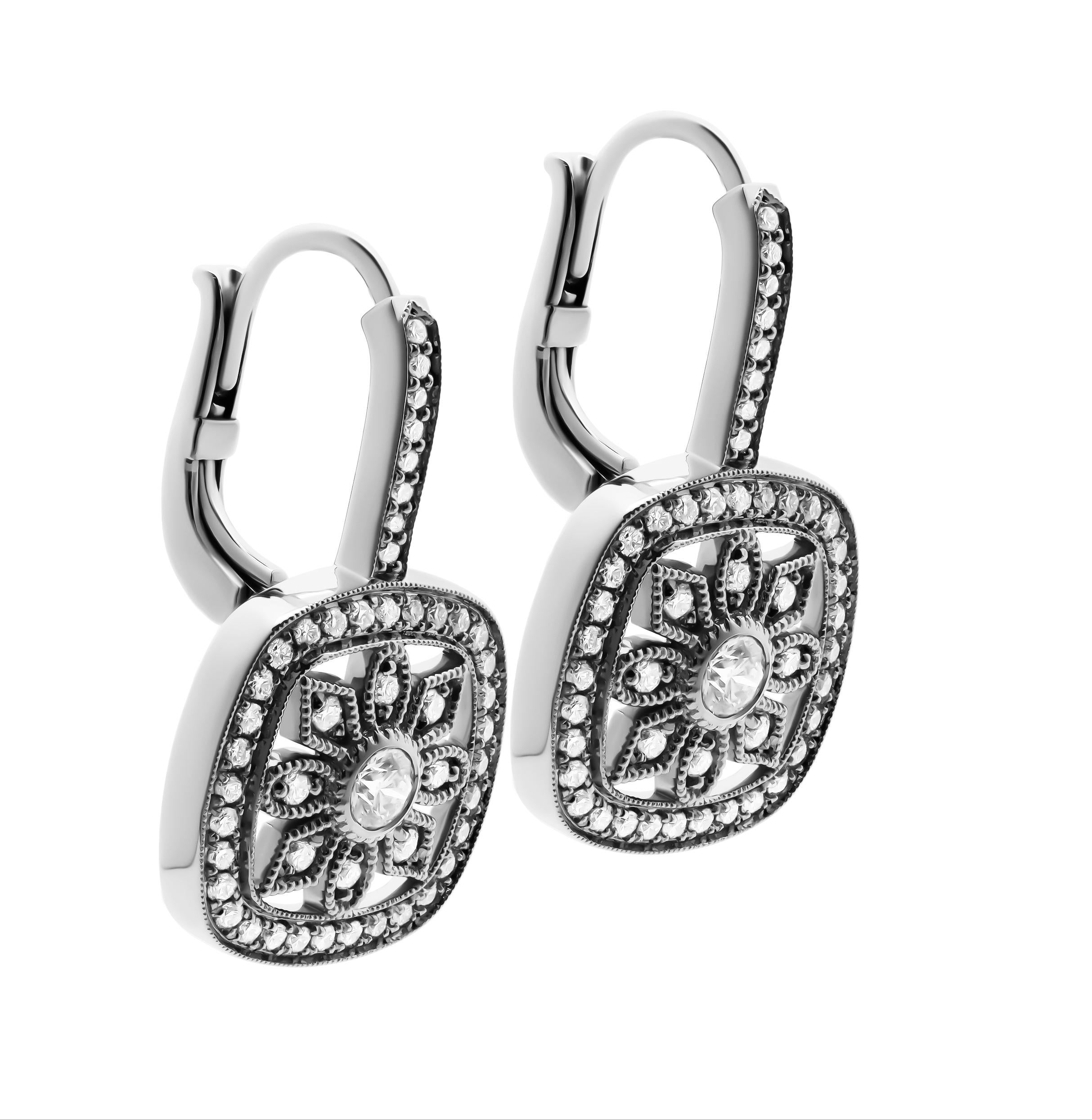 Round Cut Flower Milgrain Earrings in 14K White Gold For Sale