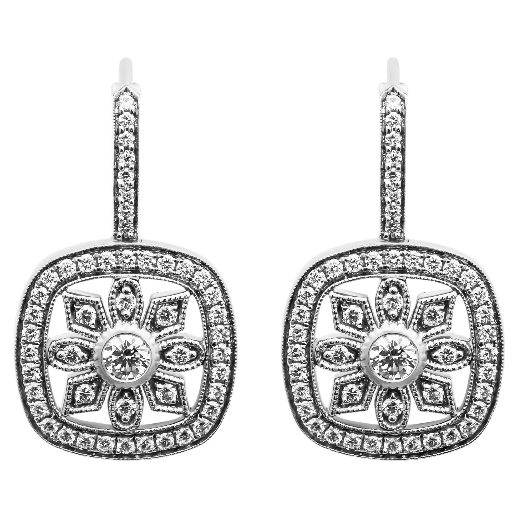 Flower Milgrain Earrings in 14K White Gold For Sale
