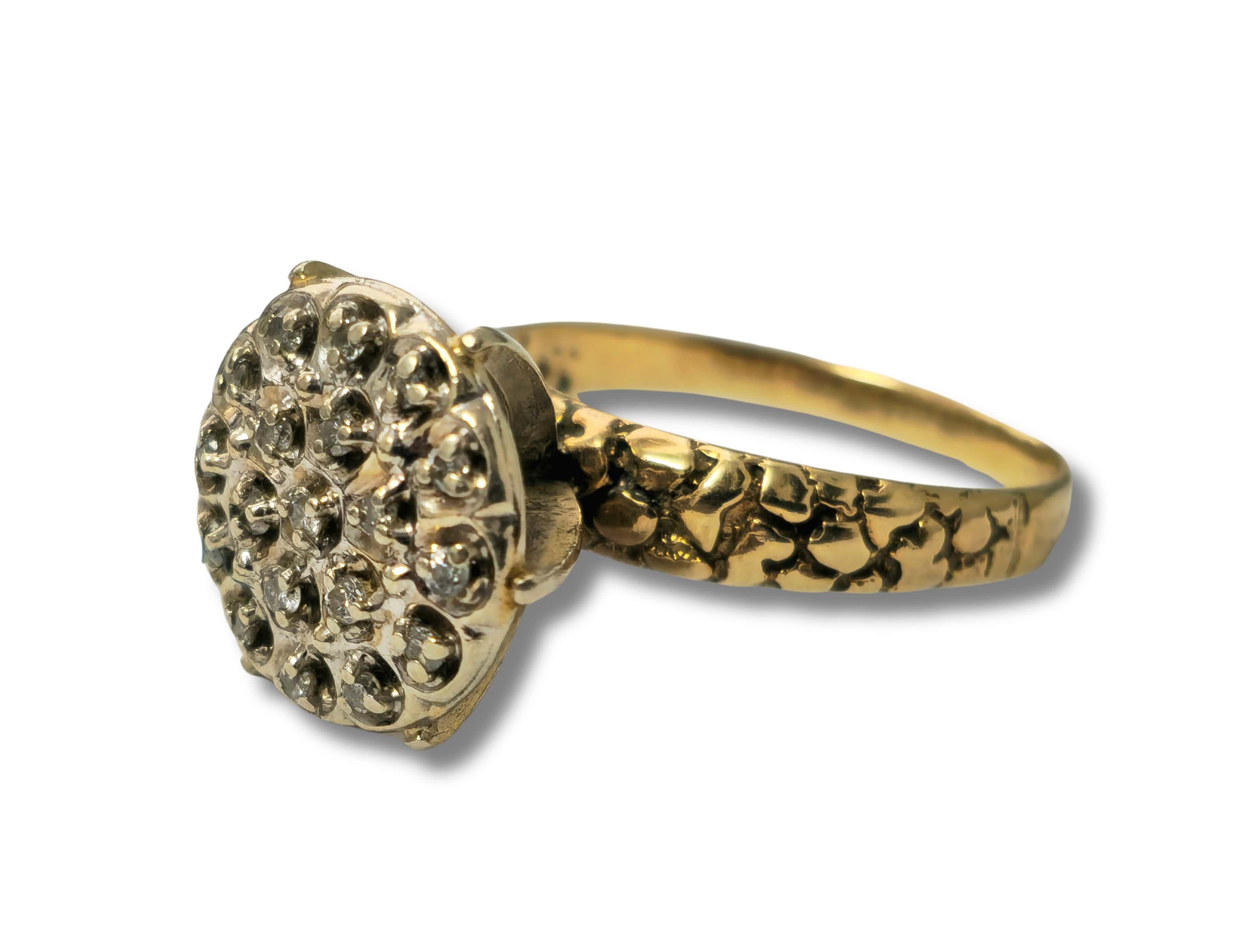 Introducing our Vintage Flower Motif Diamond Engagement Ring, meticulously crafted from luxurious 14k yellow gold. Adorned with a stunning 1/4 carat total of round-cut natural earth mined diamonds, each boasting I2 clarity and G color, this ring