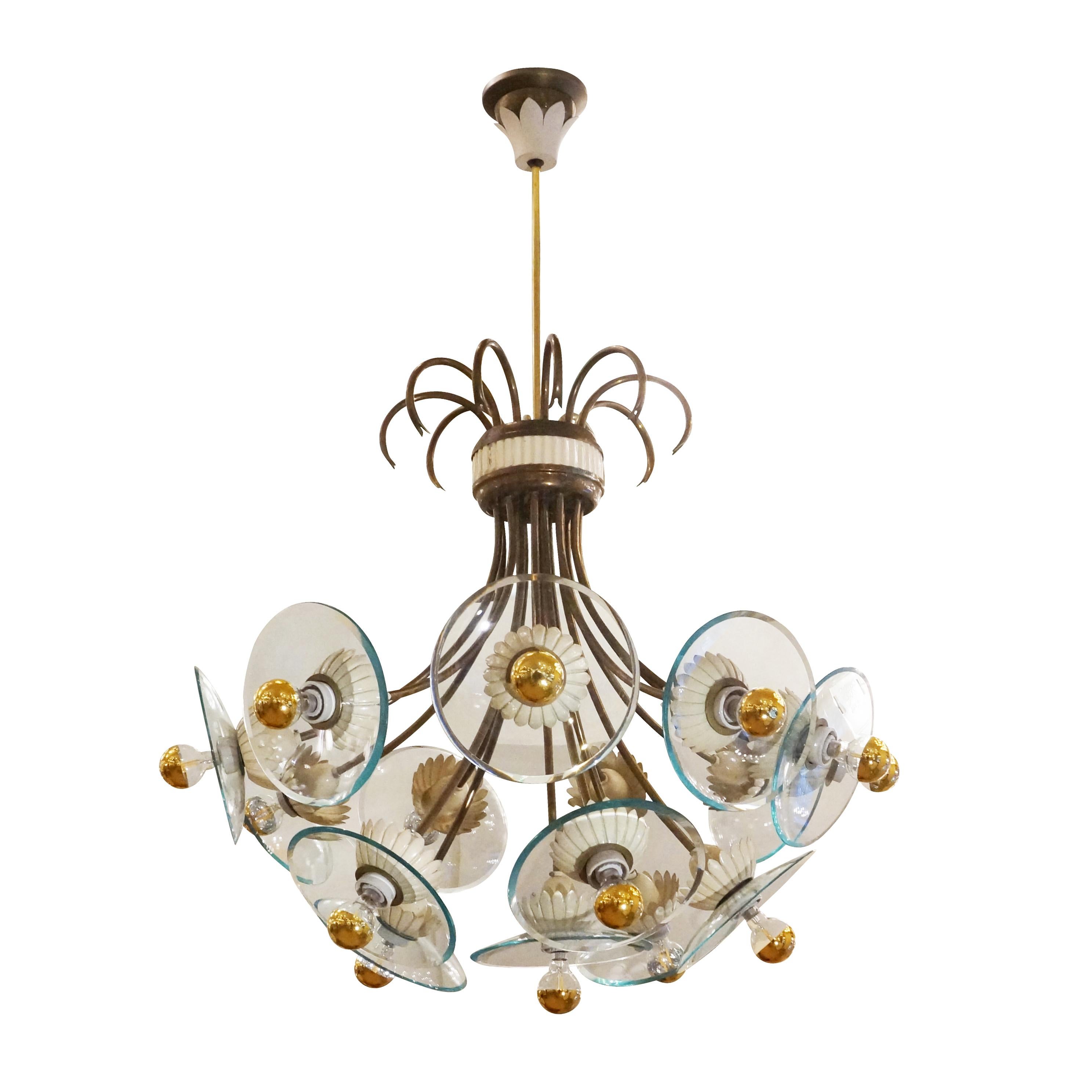 “Floral” Italian Mid-Century chandelier attributed to Pietro Chiesa for Fontana Arte. Curved brass arms terminate with white decorative hardware and clear glass disks. 

Condition: Good vintage condition, minor wear consistent with age and use. 2