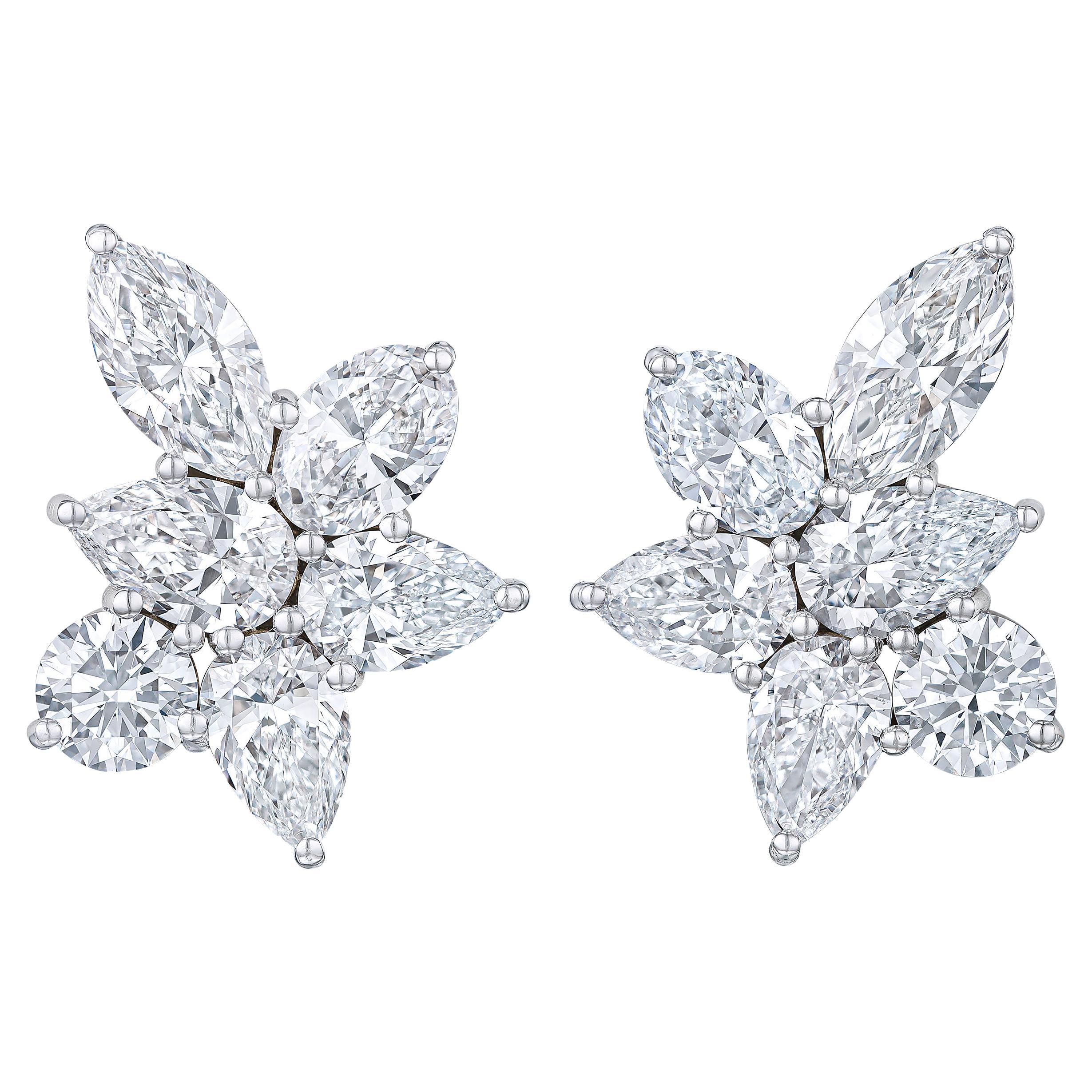 Flower Motif Cluster Earrings with Pear, Marquise, Oval and Round Diamonds For Sale