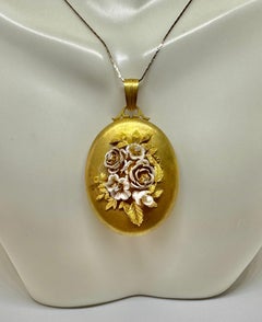 Flower Motif Locket Pendant Old Mine Diamond Pearlescent Enamel 18 Karat Gold