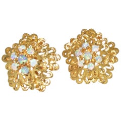 Flower Motif Opal and Gold Ear-Clips