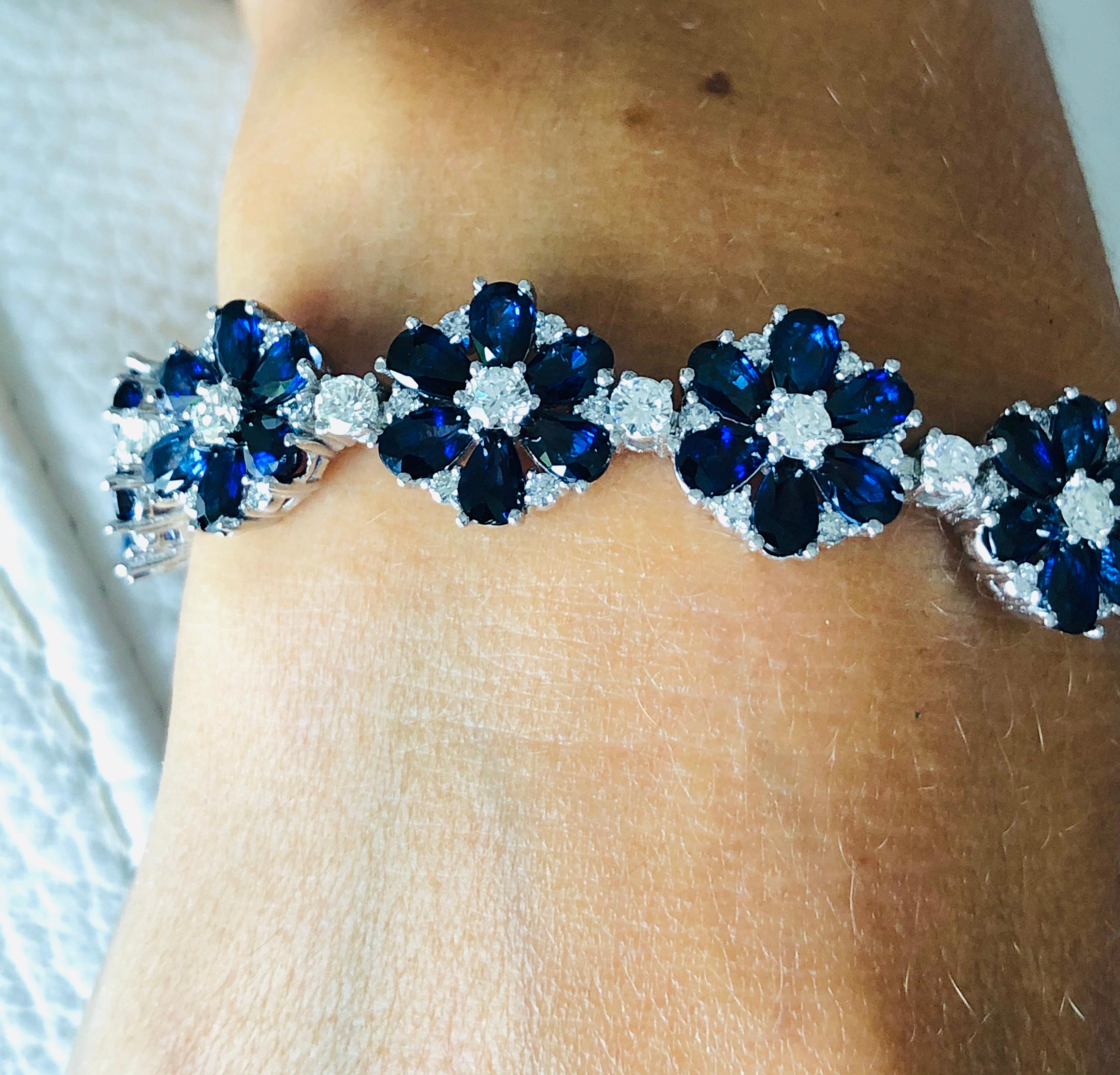 Pear Cut Flower Motif Sapphire and Diamonds Platinum Bracelet