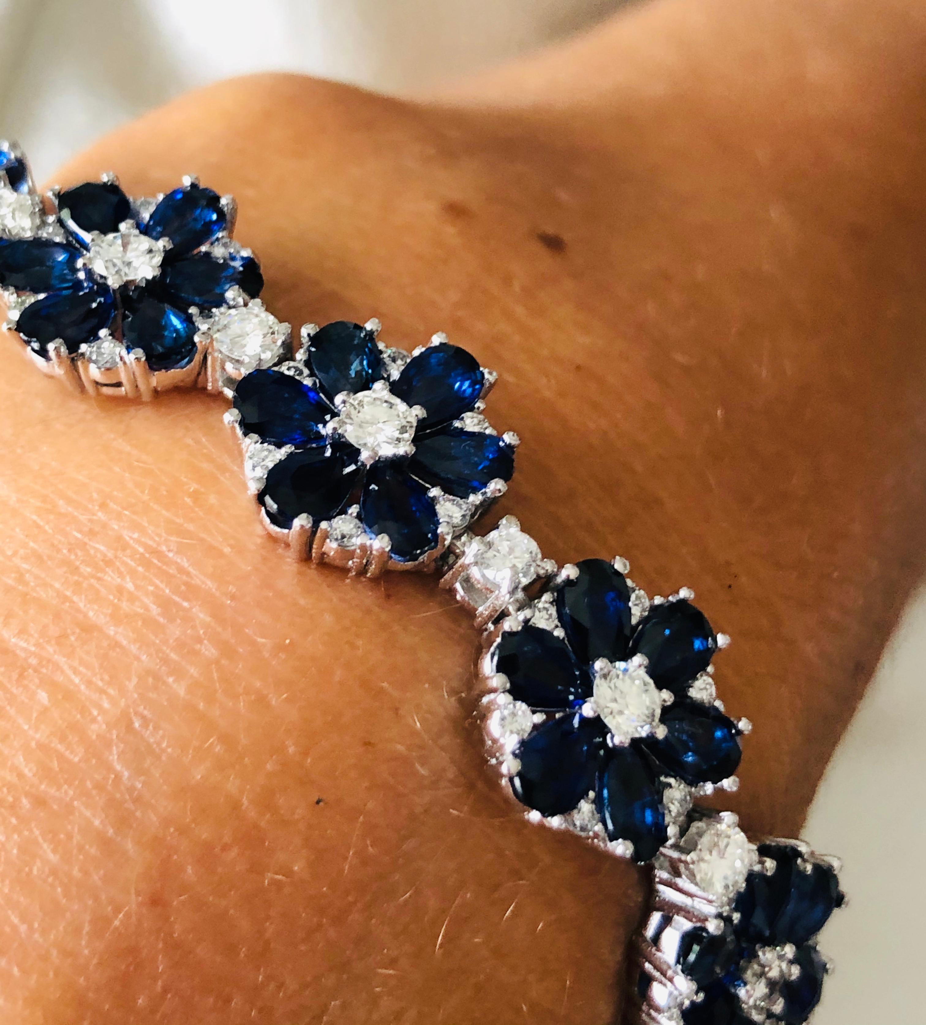 Flower Motif Sapphire and Diamonds Platinum Bracelet 1