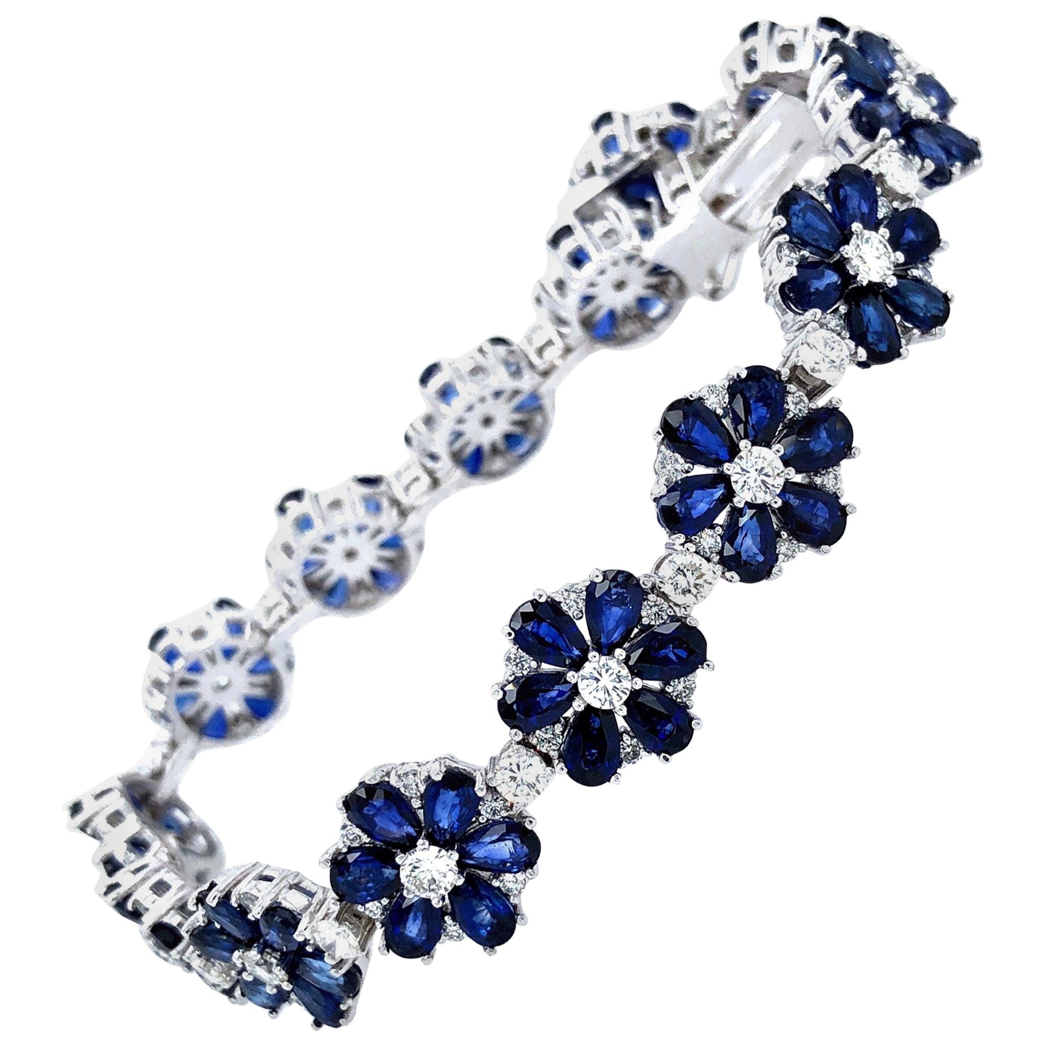 Flower Motif Sapphire and Diamonds Platinum Bracelet