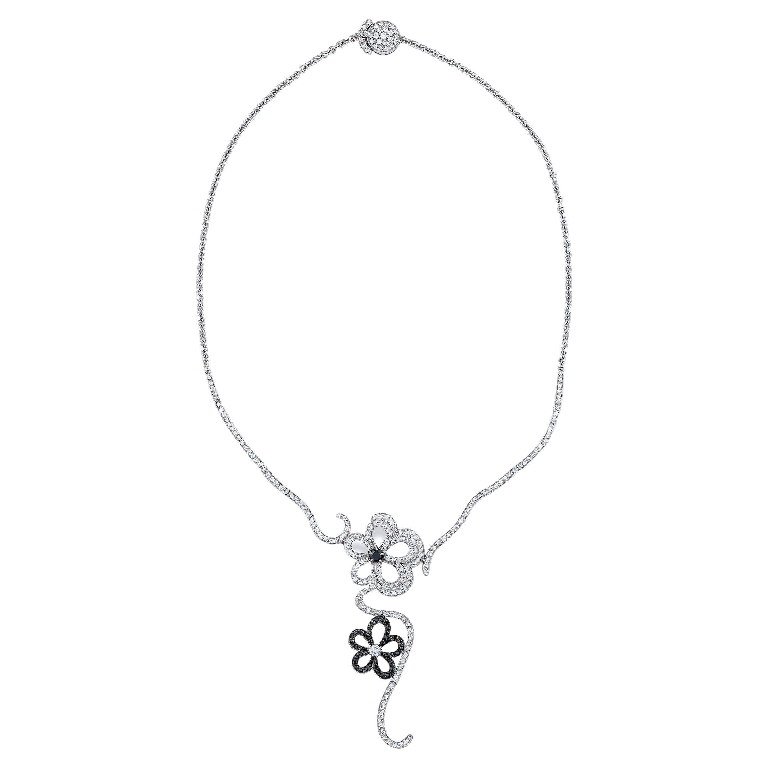 Floral Motif White and Black Diamond Necklace For Sale