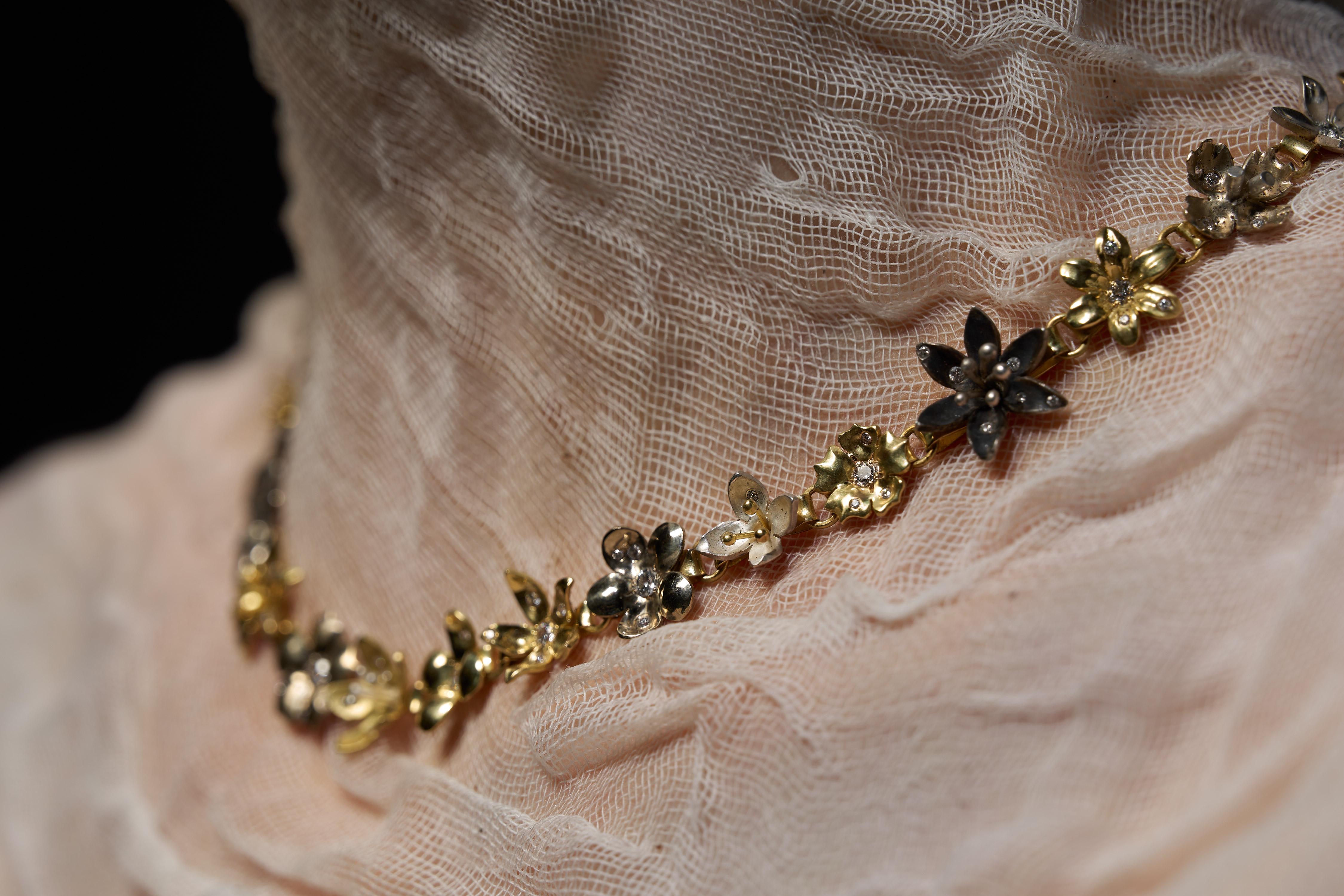 18K Fairmined Gold and Silver, Canadamark Diamonds, Handmade, Flower Necklace For Sale 4