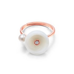 Flower Nephrite Jade, Dia and Pearl Adjustable Ring in 14ct Rose Gold
