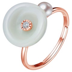 Flower Nephrite Jade, Dia and Pearl Adjustable Ring in 14ct Rose Gold