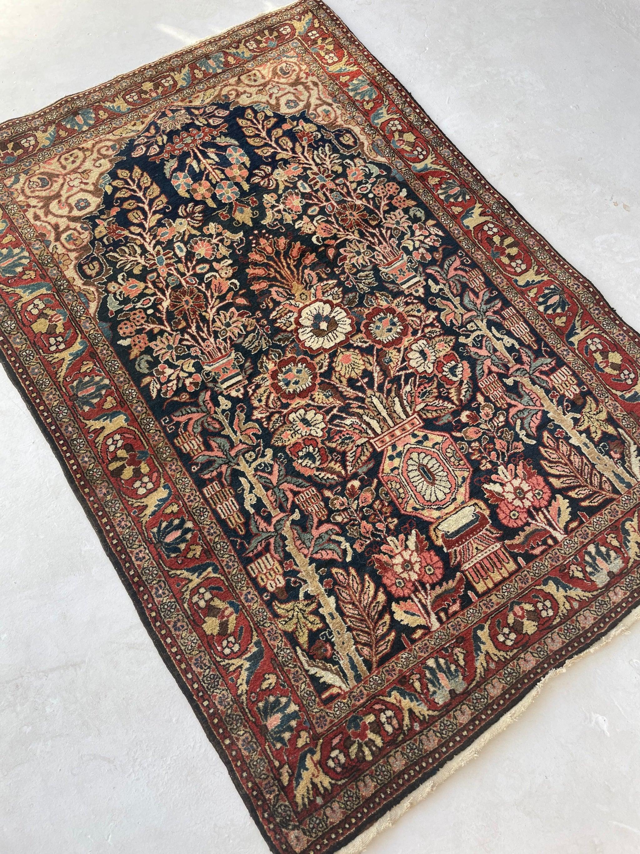 Flower Of Life  Royal Vintage Joshegan Sarouk Rug

Size: 3.6 x 5
Age: Vintage, C. 1950's or so
Pile: Medium with incredible wool pile; plush, soft and strong

This rug is one-of-a-kind, only one in the world, no others are available.

Because of the