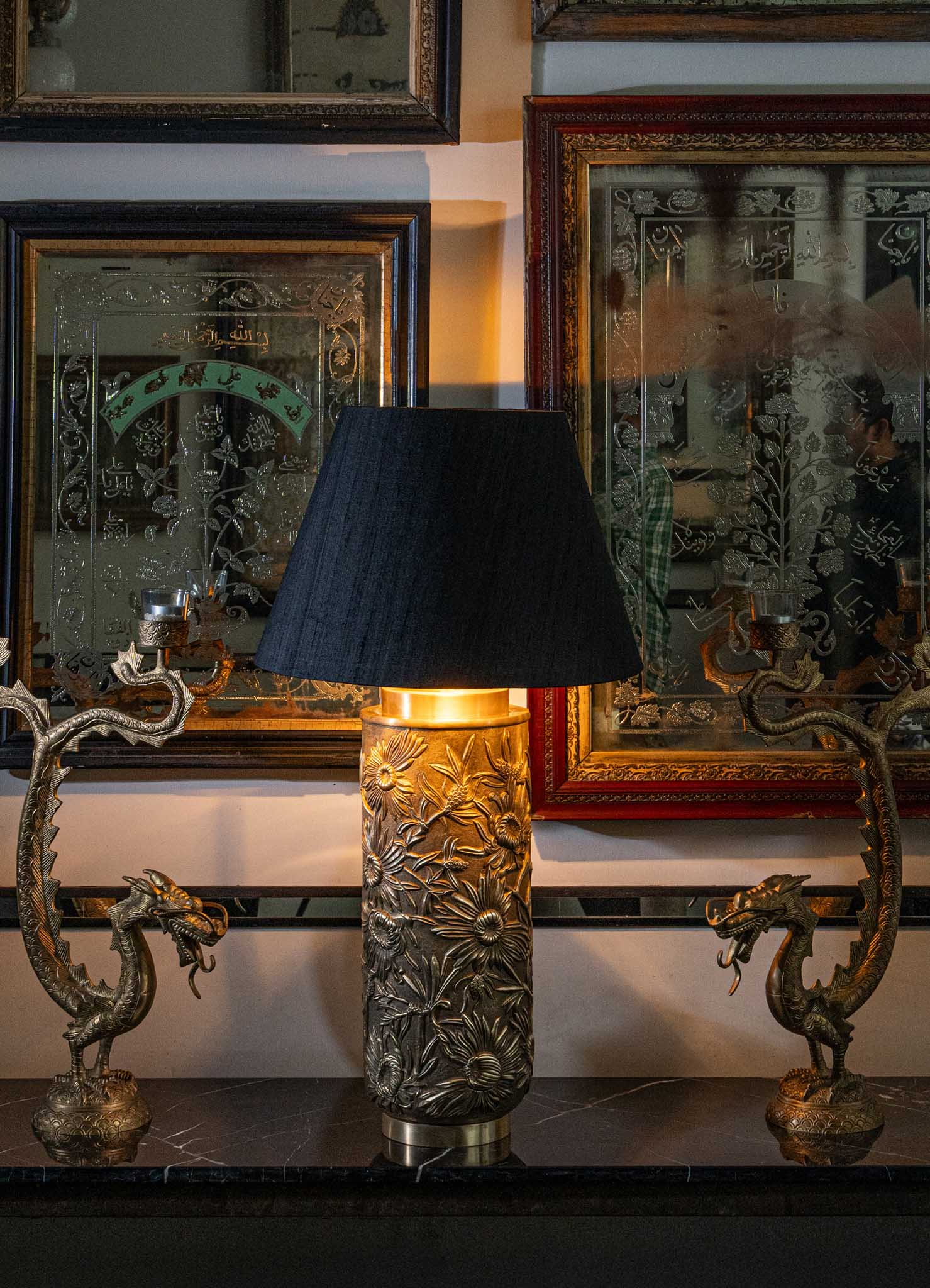 Flower of Persia Repousse Table Lamp in Patinated Brass, by Vikram Goyal