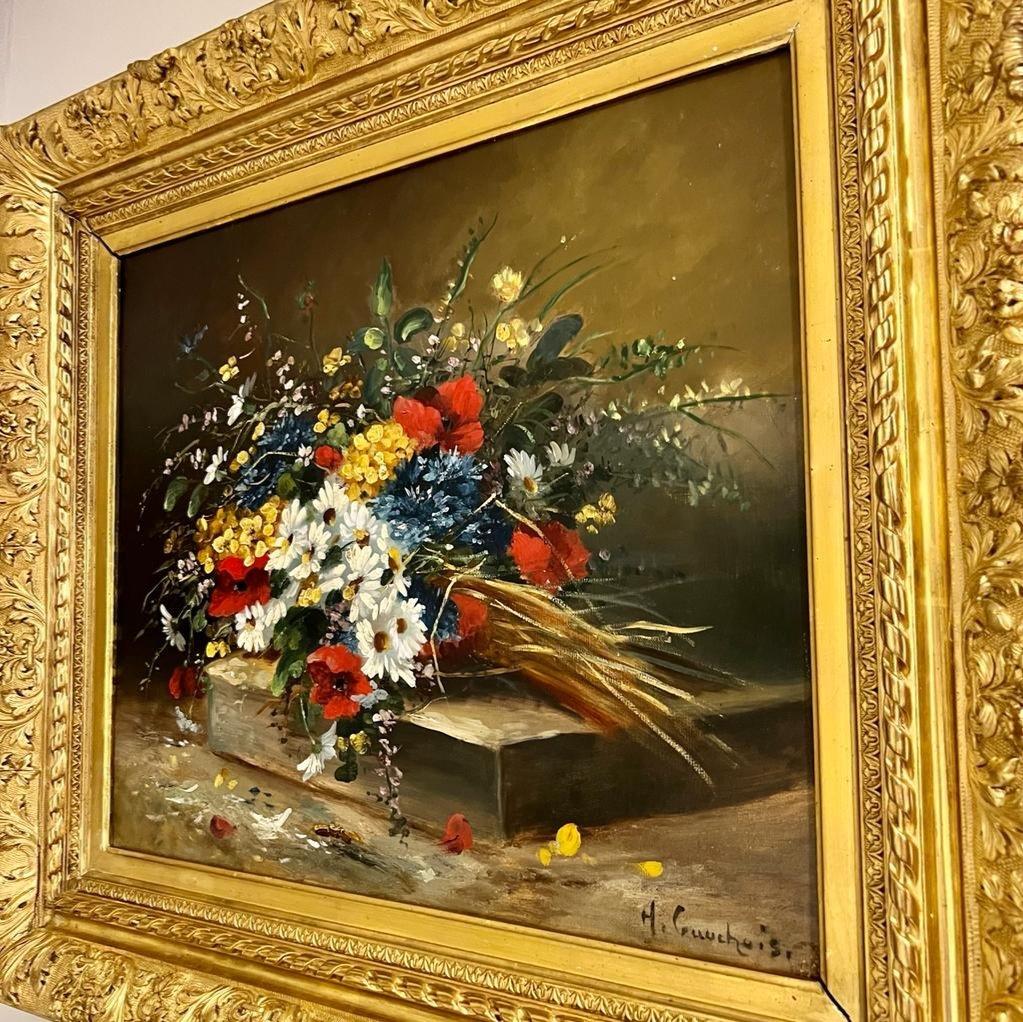 Oiled Flower Oil-on-Canvas Painting by Eugène Henri Cauchois, 19th Century.