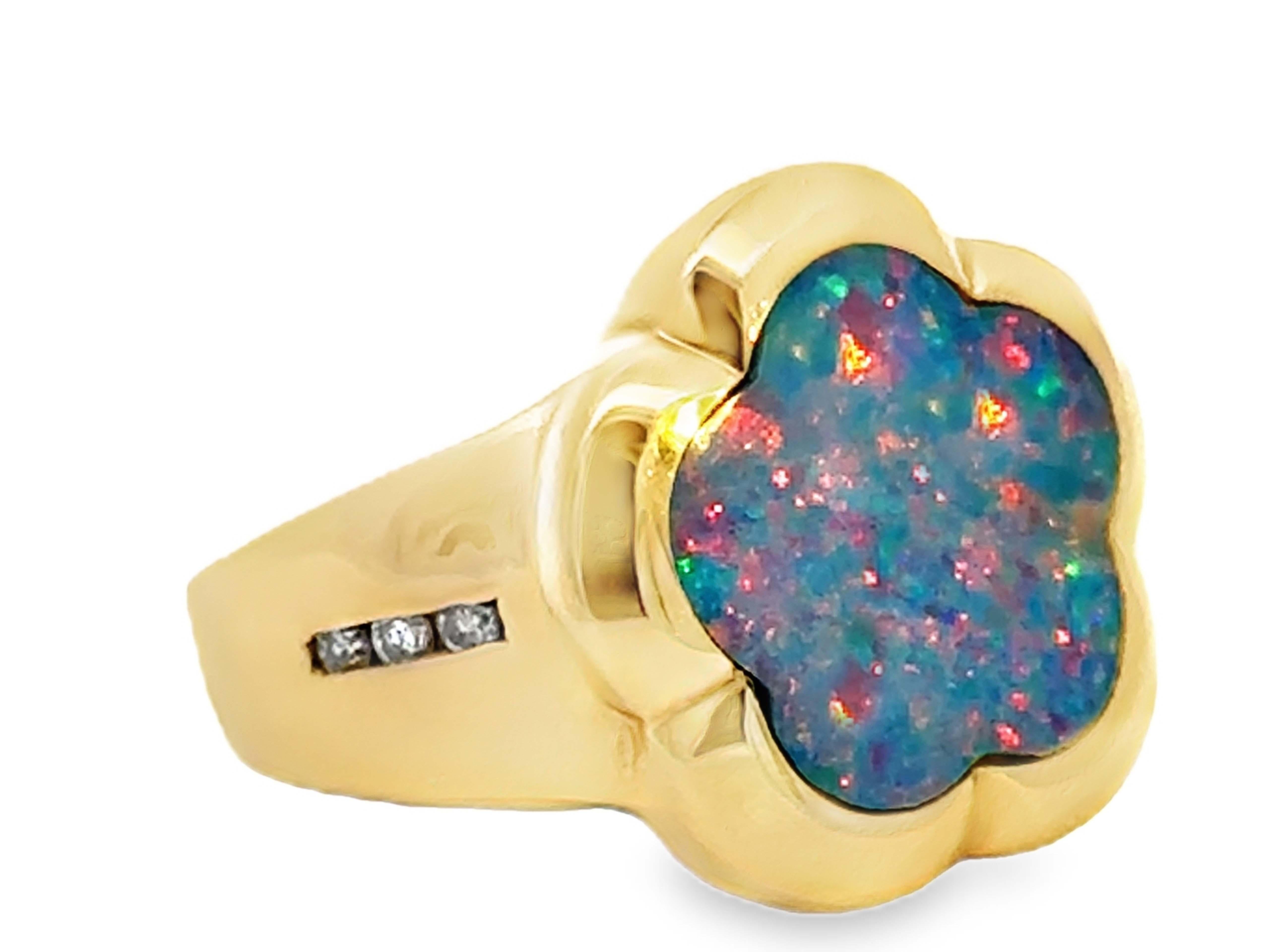 Modern Flower Opal and Diamond Ring 14k Yellow Gold For Sale