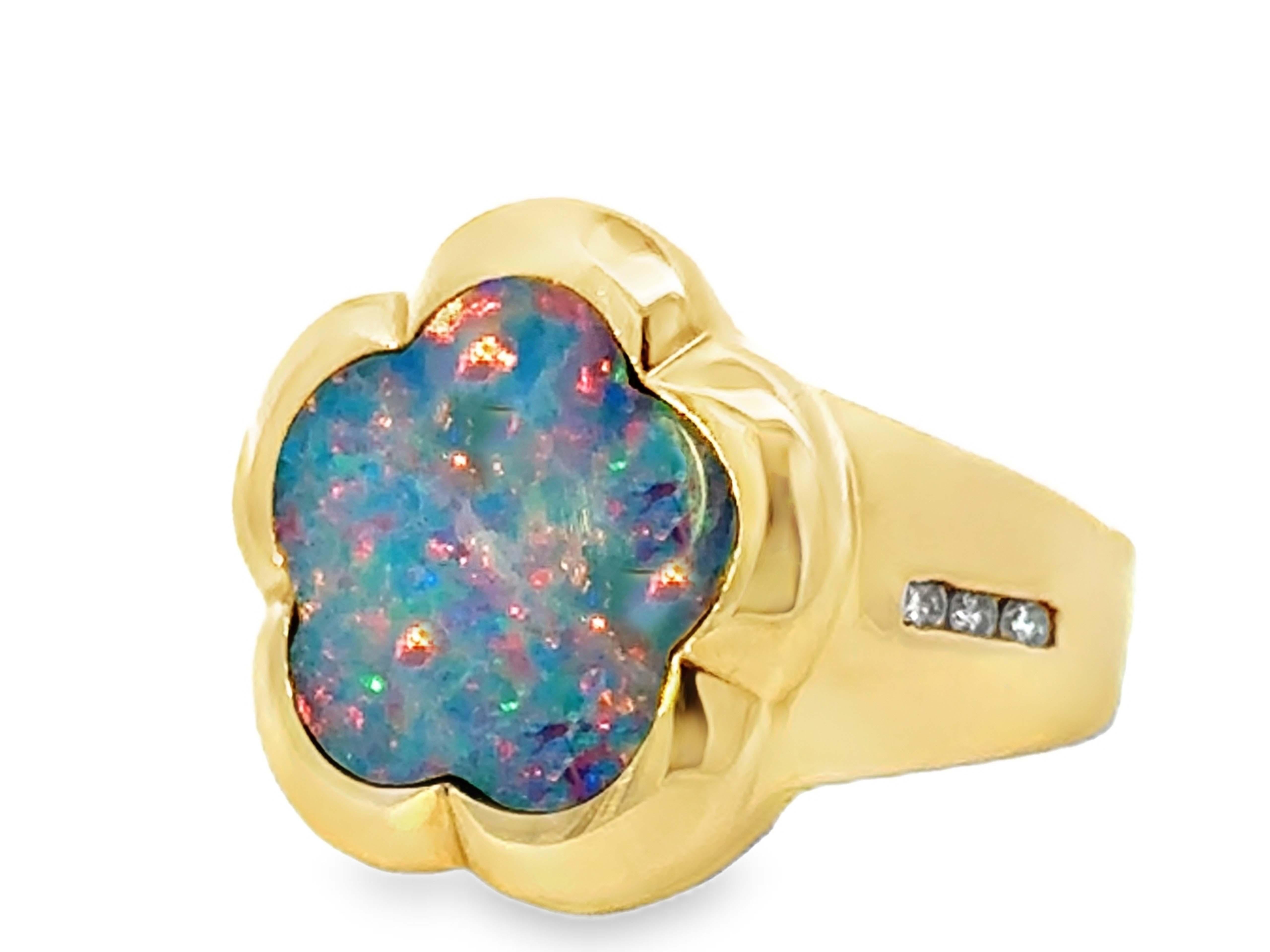 Brilliant Cut Flower Opal and Diamond Ring 14k Yellow Gold For Sale