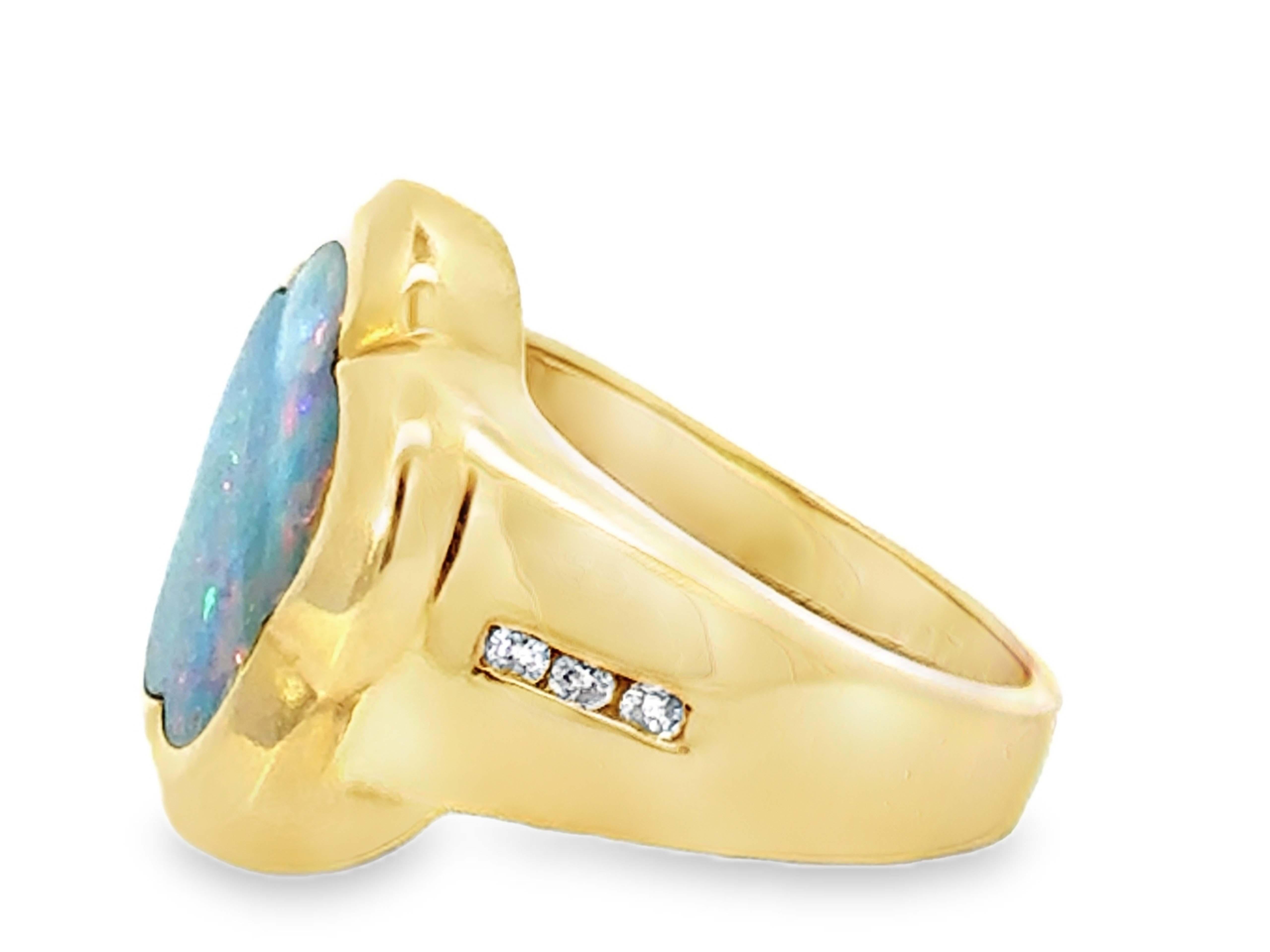 Women's or Men's Flower Opal and Diamond Ring 14k Yellow Gold For Sale