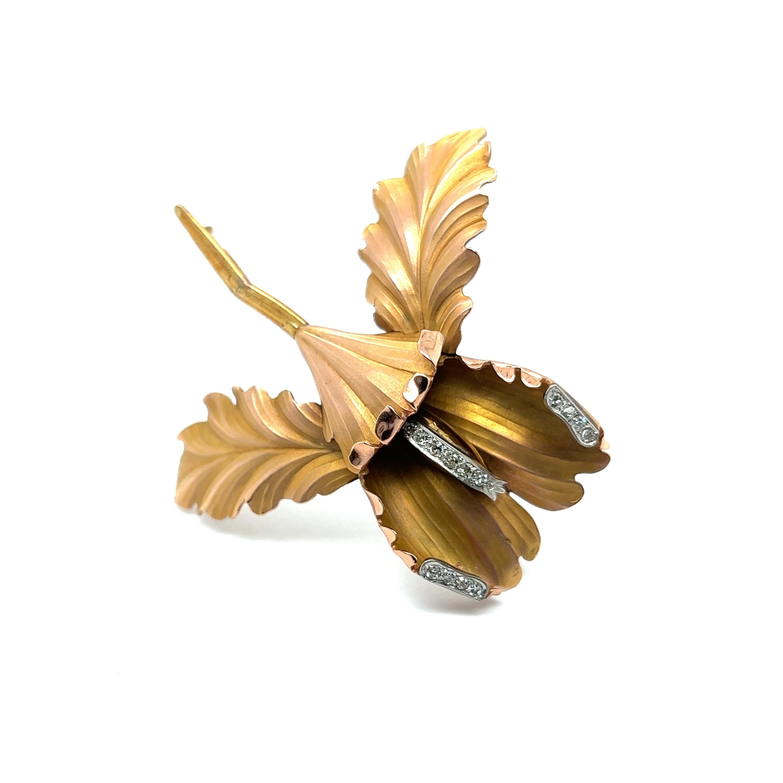 Introducing our exquisite Flower Orchid Brooch, a captivating fusion of nature and luxury.

Crafted in 18 Karat rose gold, this opulent piece boasts a generous size. Fourteen diamonds in 8/8 cut and totaling 0.28 carat adorn this piece, emphasizing