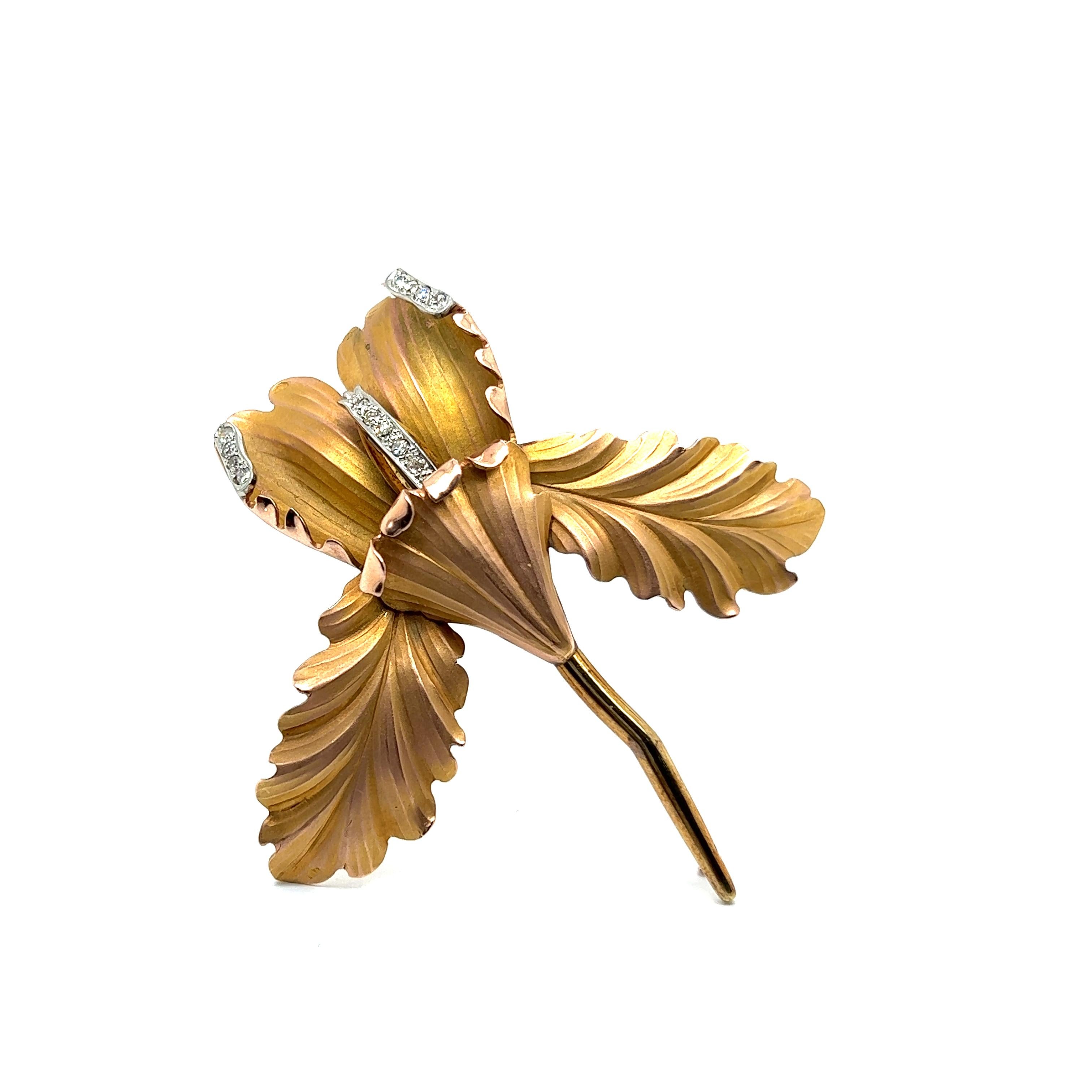 Women's or Men's Flower Orchid Brooch with Diamonds in 18 Karat Rose Gold  For Sale