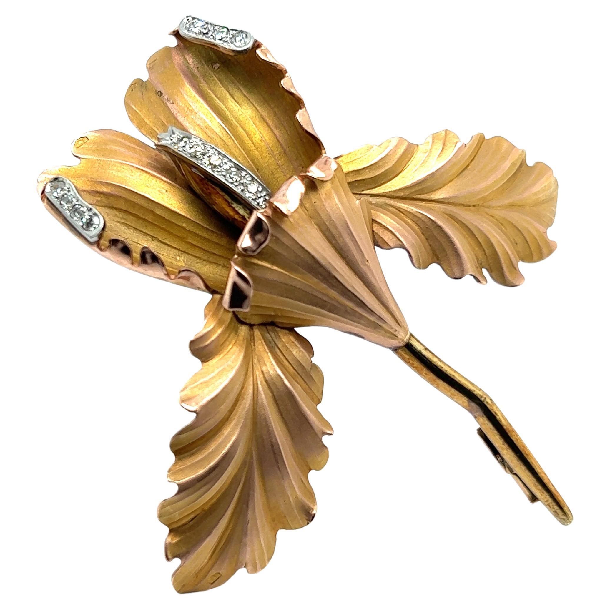 Flower Orchid Brooch with Diamonds in 18 Karat Rose Gold  For Sale