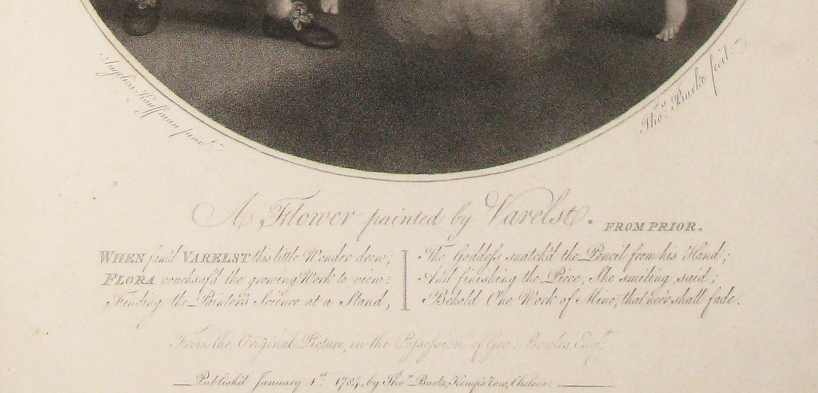 Neoclassical Flower Painted by Varelst. Stipple Engraving by T. Burke after Angelica Kauffman For Sale