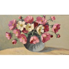 Flower Painting, Anemones Painting, Oil on Canvas, 20th Century, Art Deco