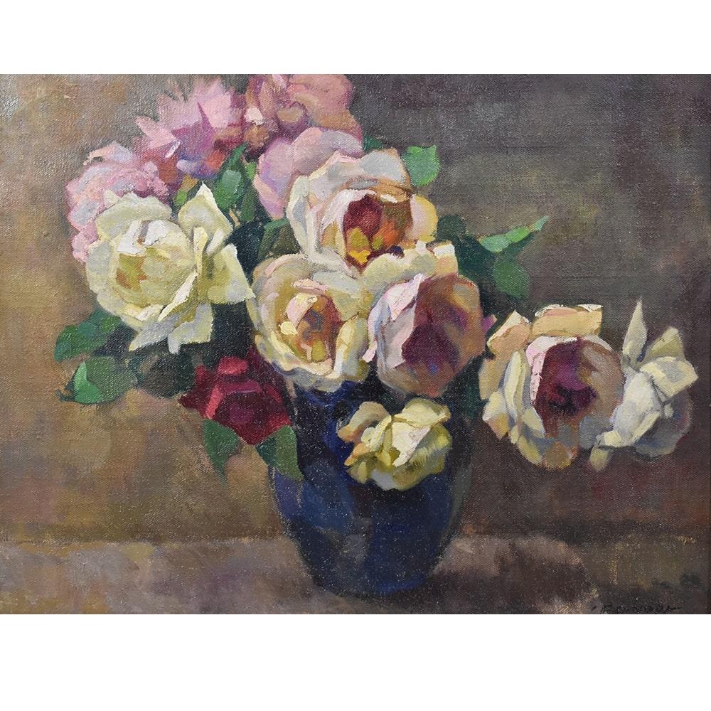 Flowers artwork, antique oil painting, floral vase painting which represents a Bouquet Of Roses, of the early twentieth century.
It also has a lacquered wooden frame realised in the 1900s. Art Deco, 1930s. French antiques from the early 20th