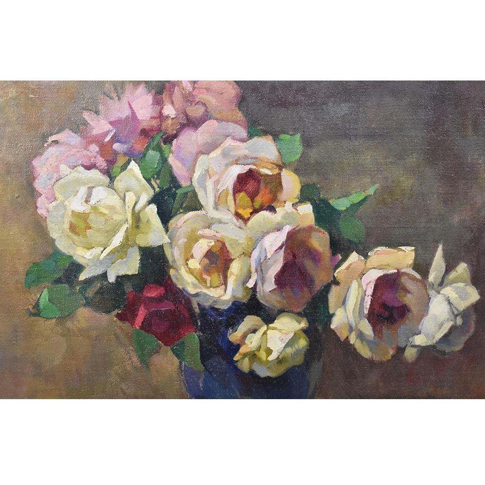 Art Deco Flower Painting, Bouquet of Roses, Oil on Canvas, 20th Century, Art Déco