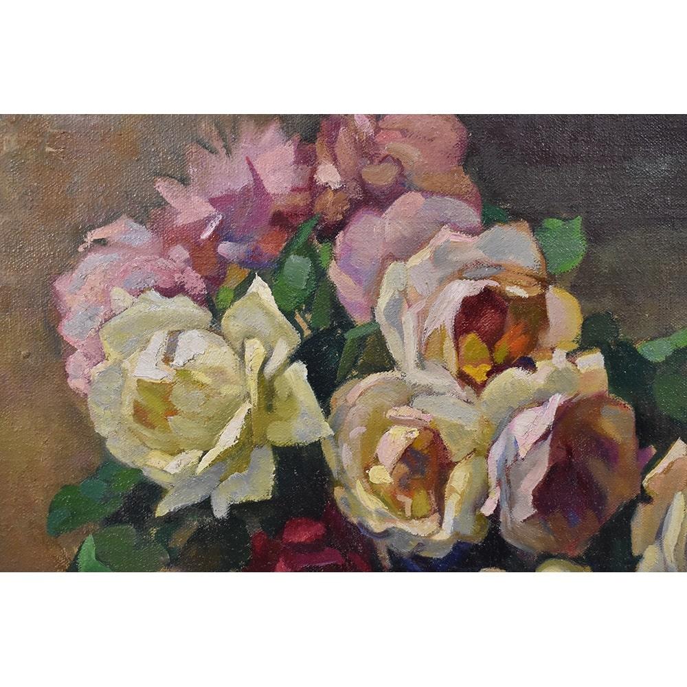 French Flower Painting, Bouquet of Roses, Oil on Canvas, 20th Century, Art Déco