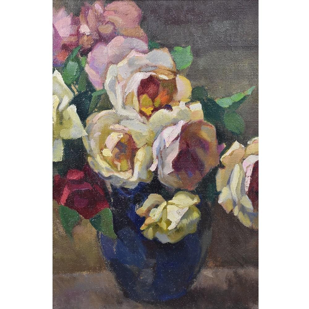 Painted Flower Painting, Bouquet of Roses, Oil on Canvas, 20th Century, Art Déco