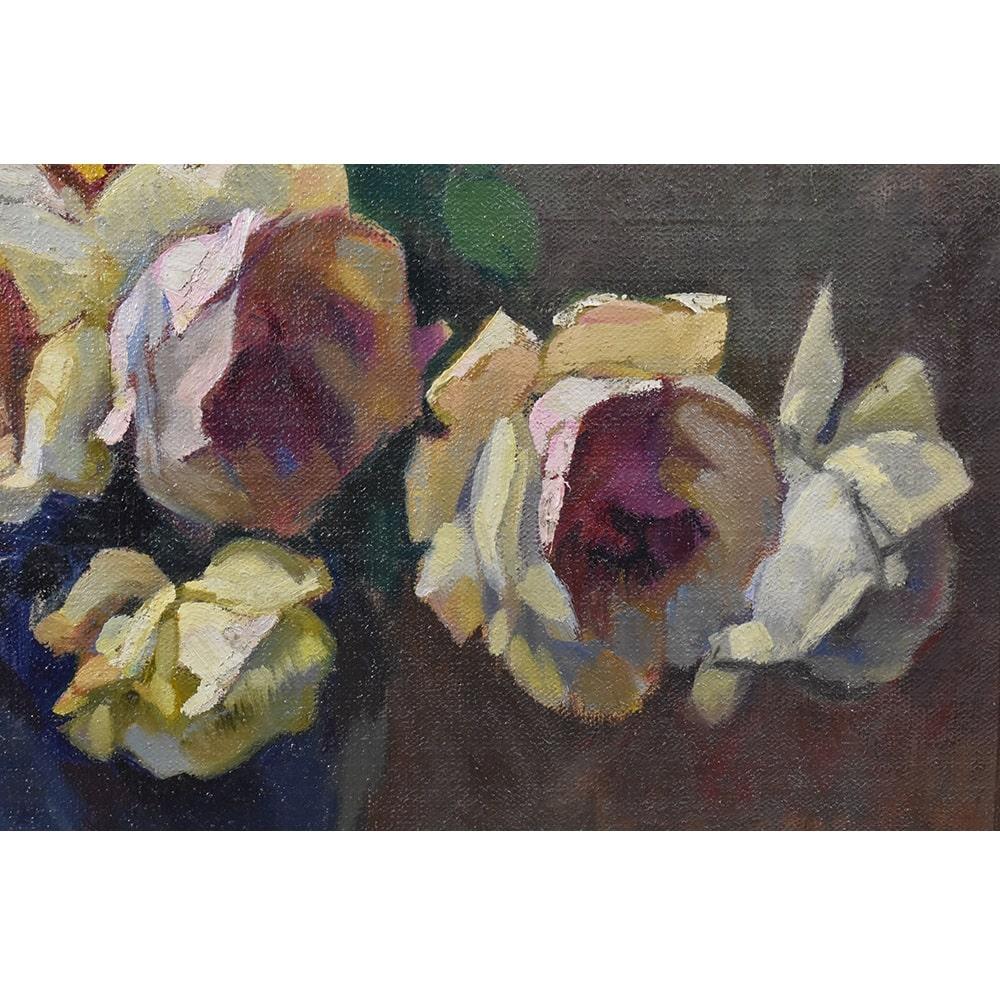 Flower Painting, Bouquet of Roses, Oil on Canvas, 20th Century, Art Déco In Good Condition In Breganze, VI