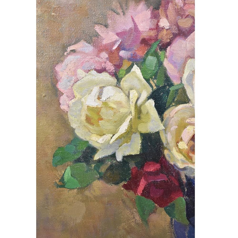 Flower Painting, Bouquet of Roses, Oil on Canvas, 20th Century, Art Déco 1