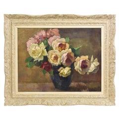 Flower Painting, Bouquet of Roses, Oil on Canvas, 20th Century, Art Déco