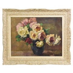 Blumenblumengemälde, Blumenstrauß mit Rosen, Öl auf Leinwand, 20. Jahrhundert, Art Dco