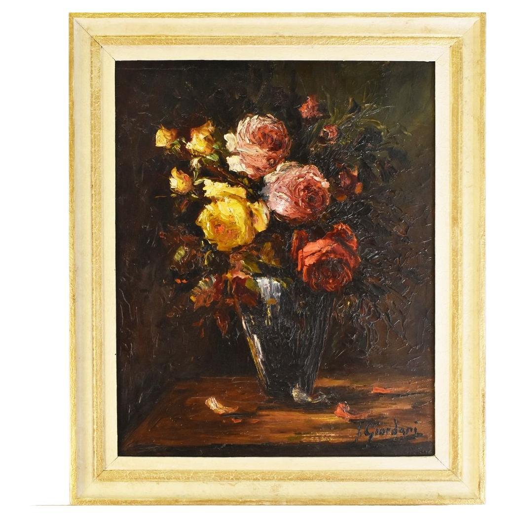 Flower Painting, Bouquet of Roses, Oil on Wood, Italian Pa Painter, 20th Century