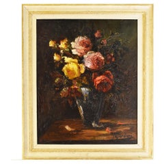 Flower Painting, Bouquet of Roses, Oil on Wood, Italian Pa Painter, 20th Century