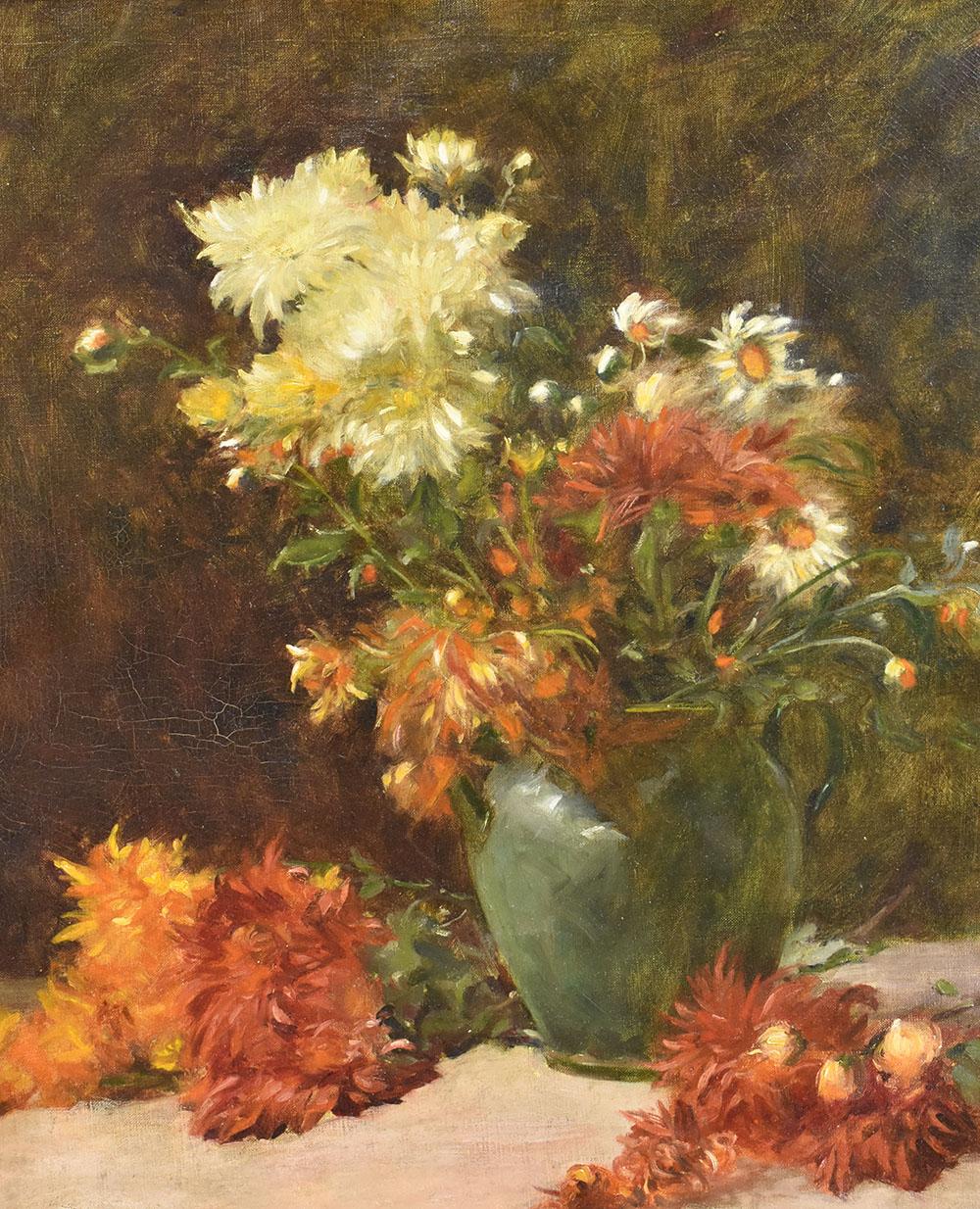 Flowers artwork, antique oil painting, Still Life, floral vase painting which represents Dahlias And Daisies. 
Beautifull paintings of red, rose and white peonies, oil painting on canvas of the Nineteenth Century.  
It also has an original gold