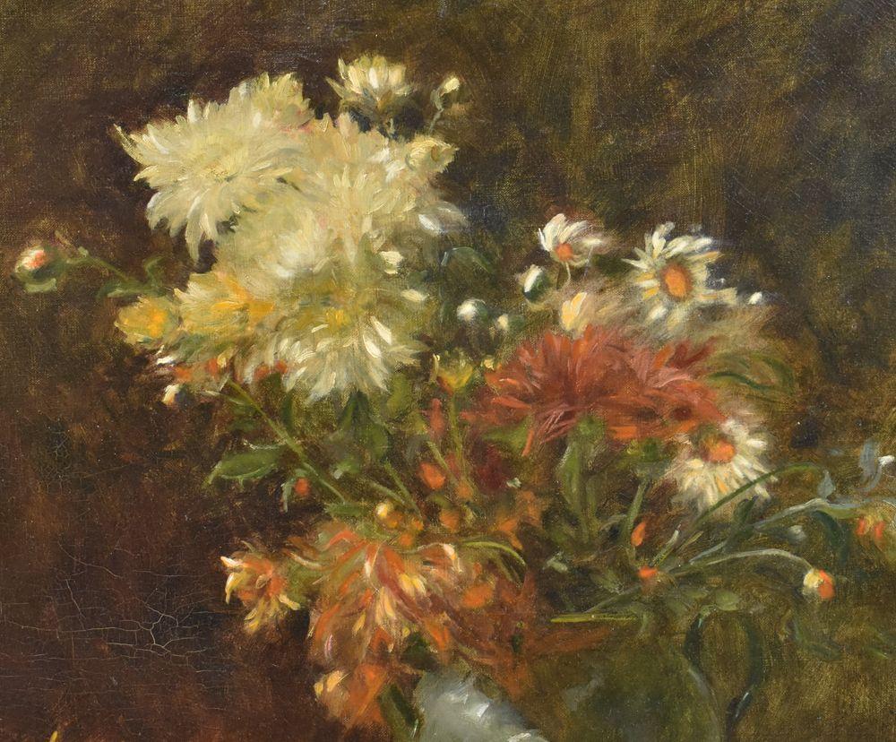 French Flower Painting, Dahlias and Daisies, Flower Art, Oil on Canvas, 19th Century
