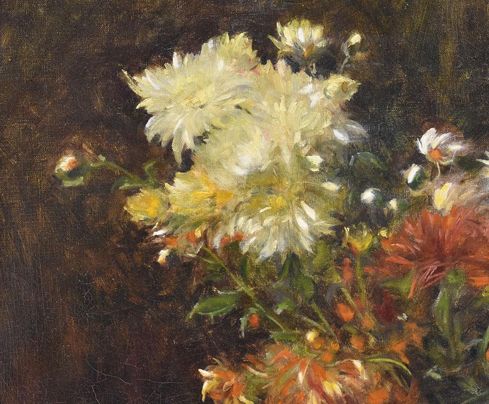 Gilt Flower Painting, Dahlias and Daisies, Flower Art, Oil on Canvas, 19th Century