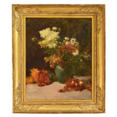 Antique Flower Painting, Dahlias and Daisies, Flower Art, Oil on Canvas, 19th Century