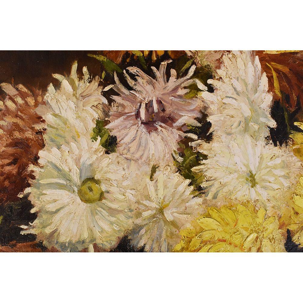 Painted Flower Painting, Daisies, Antique Painting, Oil On Canvas, 19th Century 