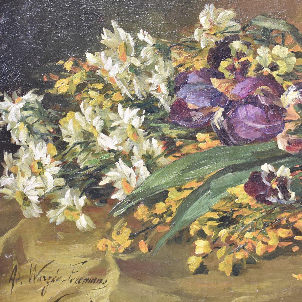 Flowers artwork, oil painting, floral painting which represents Iris And Daisies.
It also has a gold leaf frame realised in the 1800s.

The oil on canvas painting dates back to the early twentieth Century 
and it takes part of Bisgart Collection