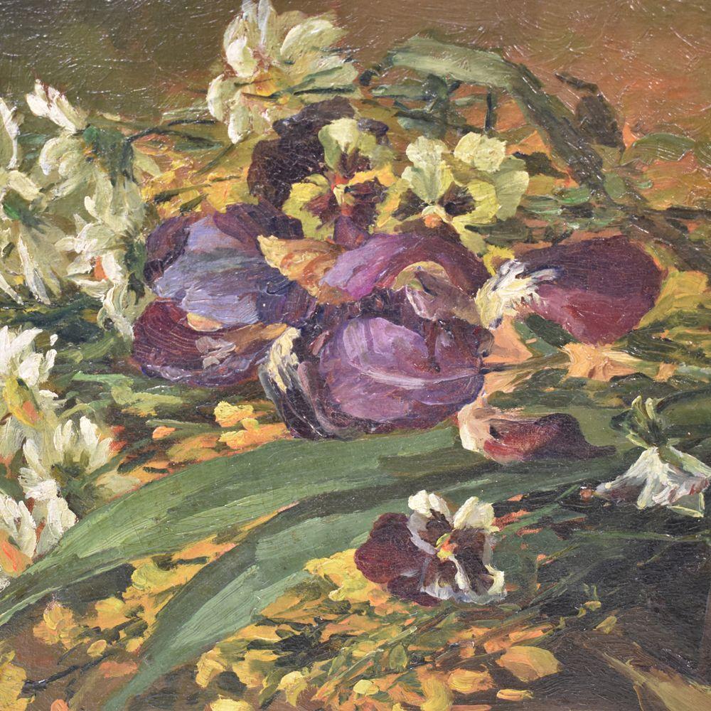 Art Nouveau Flower Painting, Iris and Daisies, Antique Painting, Oil on Canvas, Still Life For Sale