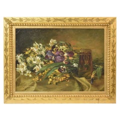 Flower Painting, Iris and Daisies, Antique Painting, Oil on Canvas, Still Life
